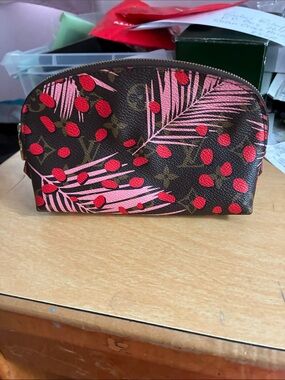 Louis Vuitton Brown Monogram Cosmetic Pouch with Pink Palm Leaves & Red Dots